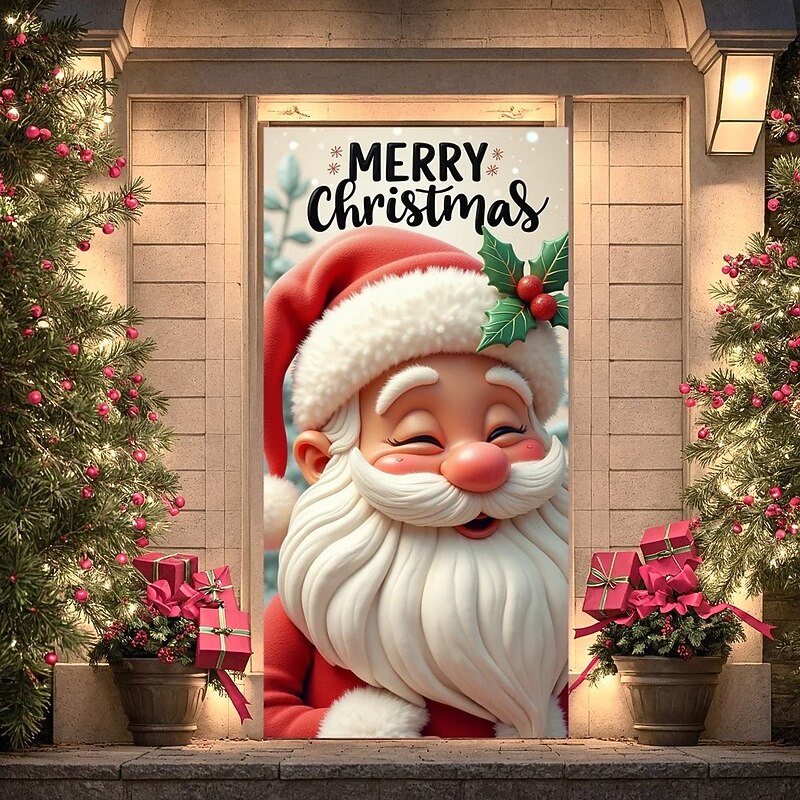 Christmas Door Cover Merry Christmas Holiday Decoration Drapes with Santa Claus Holly Leaves and Red Berries Print for Home Entryway Living Room Bedroom Indoor Outdoor Festive Seasonal Decor2