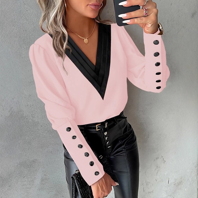Christmas Women's Shirt Solid Color Plain Elegant Vintage Daily Long Sleeve V Neck Regular Tops Work Party Evening Wear Daily Patchwork Print White Pink Wine Khaki Spring Fall Winter Spring, Fall4