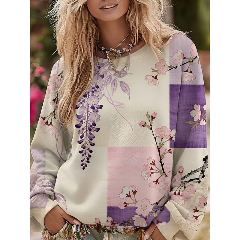 Women's Pullover Sweatshirts Floral Fashion Streetwear Casual Long Sleeve Round Neck Regular Tops Dailywear Casual Print Purple Spring Fall