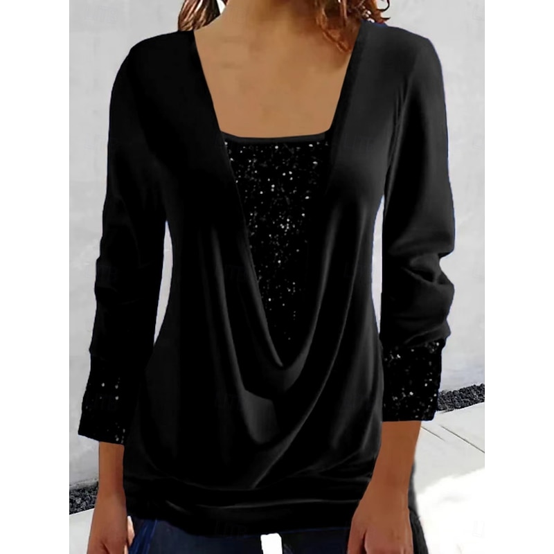 Women's Blouse Solid Color Elegant Stylish Basic Long Sleeve Crew Neck Regular Tops Daily Sequins Patchwork Black Navy Blue Royal Blue Purple Spring Fall Winter3