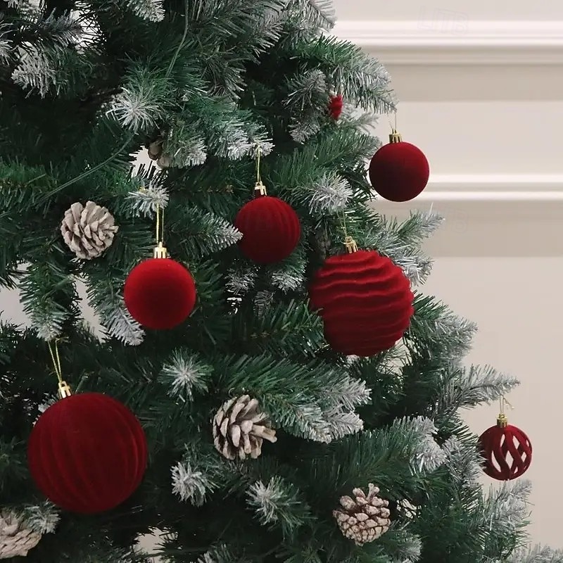 12pcs Christmas Red Velvet Ball Ornaments Baubles Snowball Ornaments with Gold Tassels Tree Decorations, Holiday Home Decor, Perfect for Festive Tree and Christmas Decor Set4