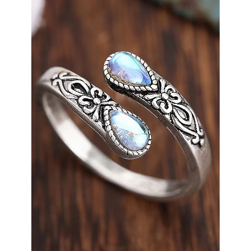 Women's Silver Adjustable Ring with Moonstone & Crystal, Vintage Bohemian Jewelry for Engagement, Anniversary & Daily Wear4