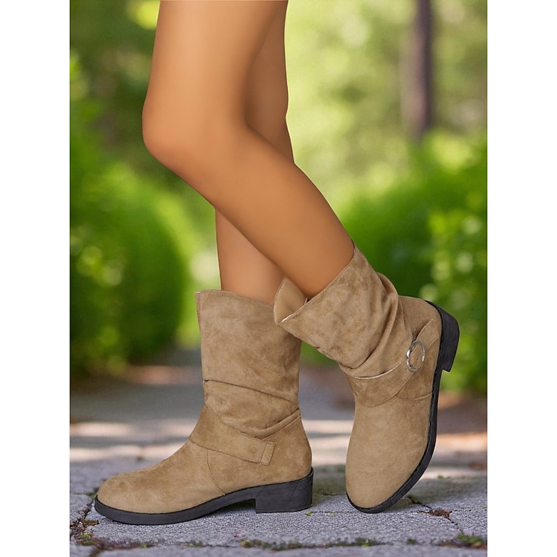 Women's Khaki Faux Suede Mid-Calf Boots with Slouchy Design and Side Ring Buckle, Comfortable Low Heel Casual Riding Boots for Fall Winter Outdoor Wear3