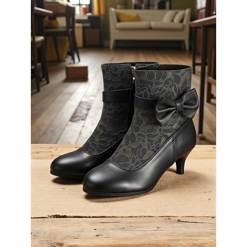 Women's Green Faux Leather Lace Ankle Boots with Bow, 1920s Great Gatsby Vintage Mid-Heel Booties for Cocktail Parties, Dance Events & Retro Outfits3