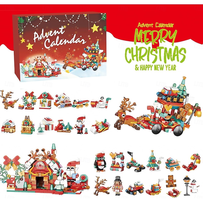 Christmas Advent Calendar Building Blocks for Kids Xmas Countdown Gift, Surprise Toy Gift Box for Boys Girls Age 6-12, 6-in-1 Santa Claus, Christmas Tree, Train & House Building Set, Holiday Present for Kids Age 6+