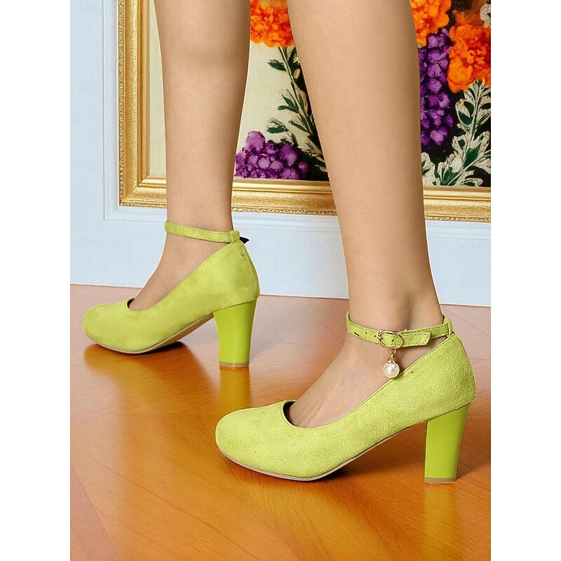 Women's Yellow Suede Block Heel Pumps with Ankle Strap and Pearl Charm - 1950s Elegant Vintage Retro Dress Shoes for Weddings, Cocktail Parties & Evening Wear4