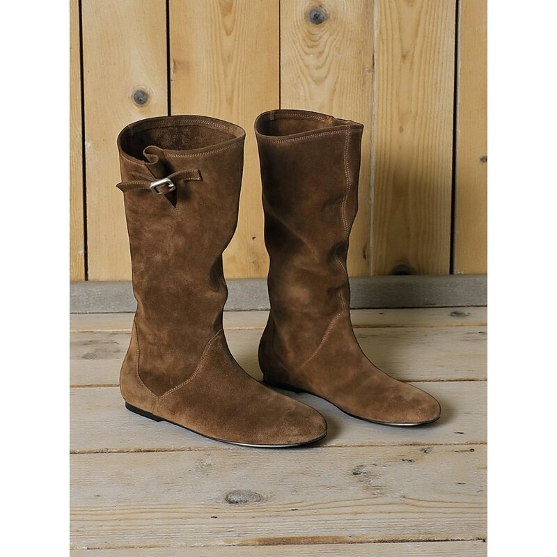 Women's Brown Leather Suede Mid-calf Boots with Faux Fur Lining for Winter Warmth, Stylish and Comfortable Footwear for Casual Wear