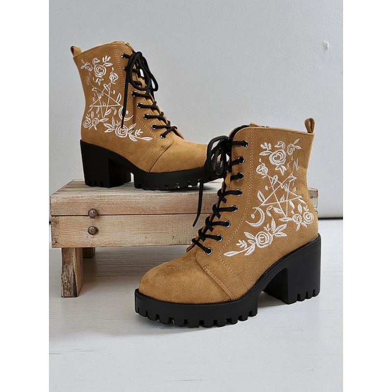 Women's Khaki Lace-Up Ankle Boots with White Floral Embroidery, Casual Faux Suede Chunky Heel Combat Style Booties for Everyday Wear