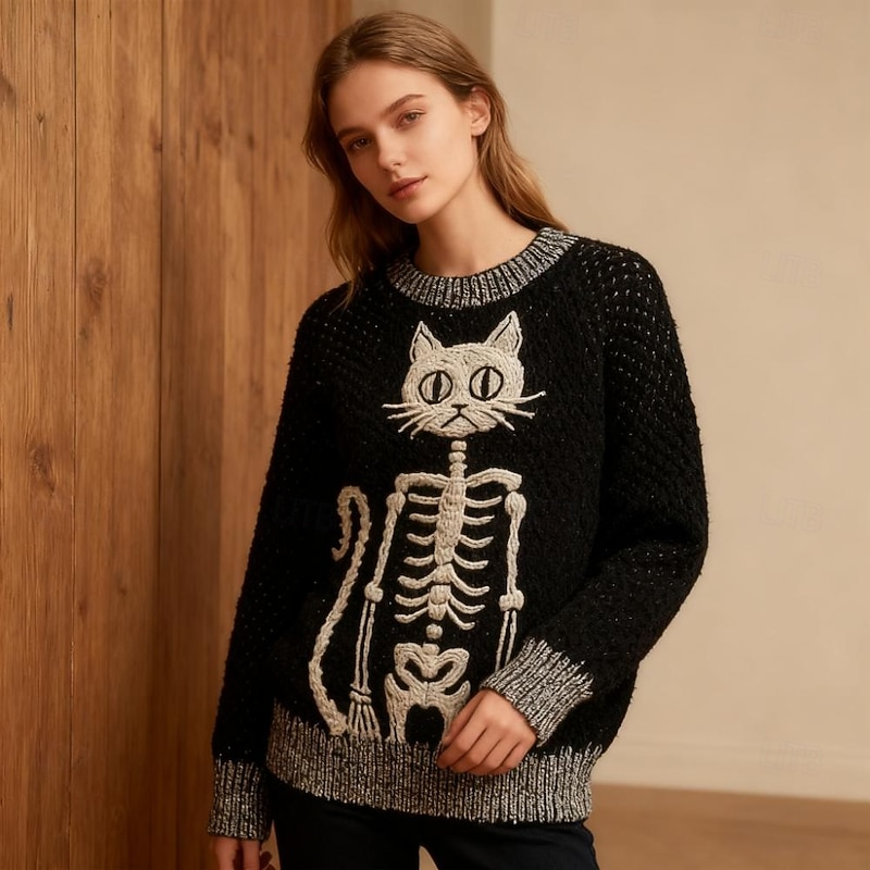 Women's Sweater Vintage Sweater Daily Casual Skeleton Ribbed Crew Neck Knitted Print Long Sleeve Regular Tops Knit Outdoor Halloween Weekend Black Fall Winter