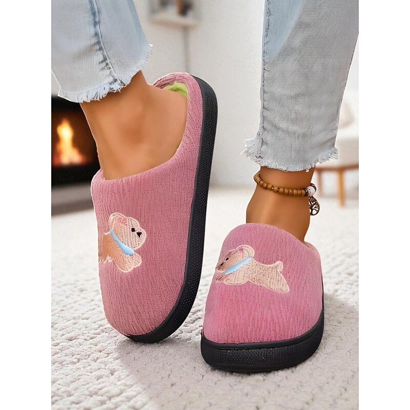 Women's Peach Pink Plush Indoor Slippers with Cute Teddy Bear Embroidery, Warm Cozy Slip-On House Shoes for Winter Home3