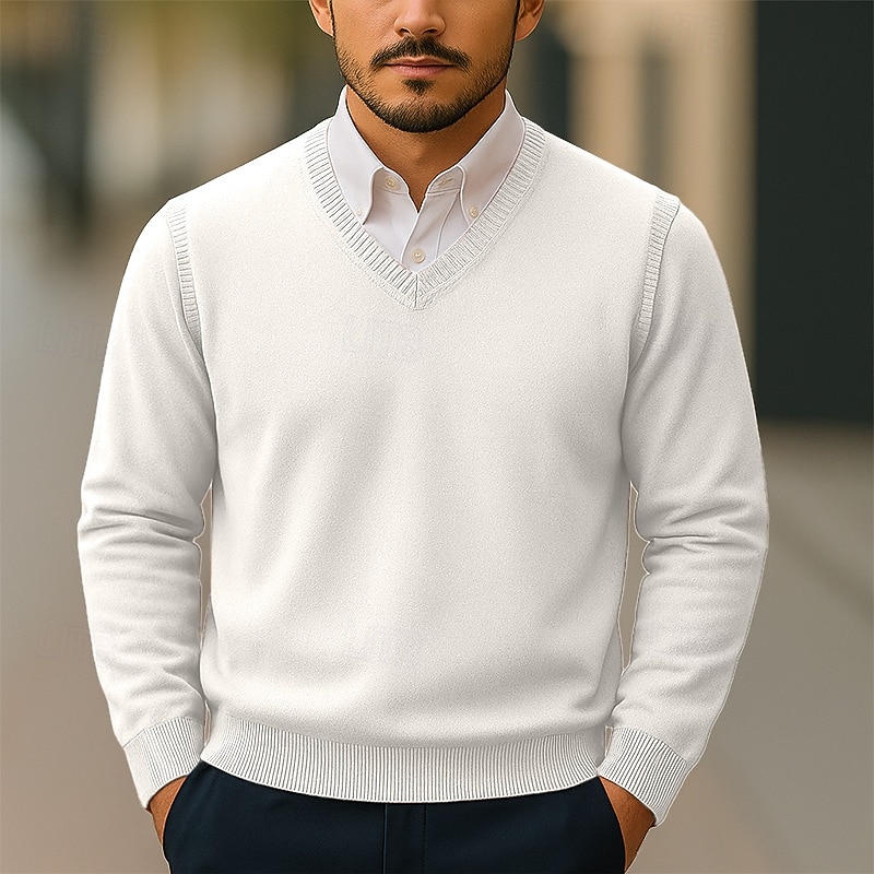 Men's Sweater Pullover Sweater Jumper Ribbed Knit Regular Tops Knitted Slim Fit Plain V Neck Knitwear Contemporary Casual Daily Wear Clothing Apparel Fall Camel Black S M L2