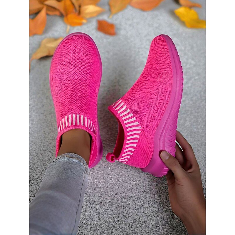 Women's Rose Pink Flyknit Slip-On Sneakers with Breathable Mesh Upper and Non-Slip Sole, Casual Lightweight Walking Shoes for Running, Travel & Everyday Wear3