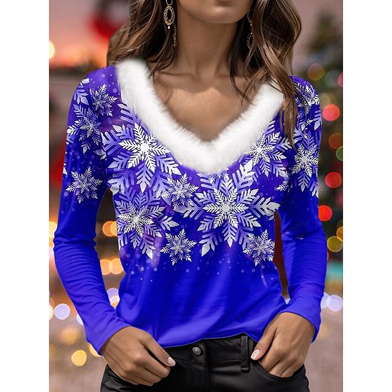Christmas Women's Shirt Graphic Snowflake Elegant Vintage Party Long Sleeve V Neck Regular Tops Party Evening Wear Daily Holiday Glitter White and Red Green / Red Pink Red Blue Spring Fall Winter4
