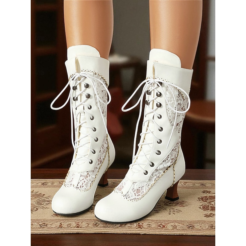 Women's White Victorian Lace-Up Mid-Calf Boots with Chunky Heel - 1900s Vintage Edwardian Style Bridal and Party Footwear3