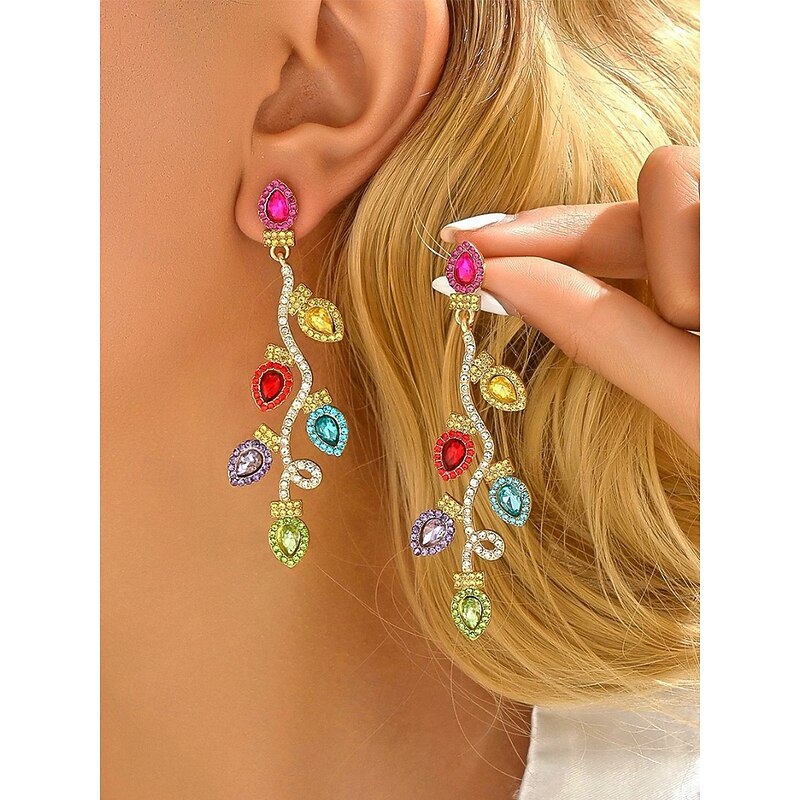 Women's Christmas Alloy Drop Earrings, Colorful Rhinestone Dangle Earrings with Multicolor Gem Design, Elegant Holiday Party Jewelry Gift for Women