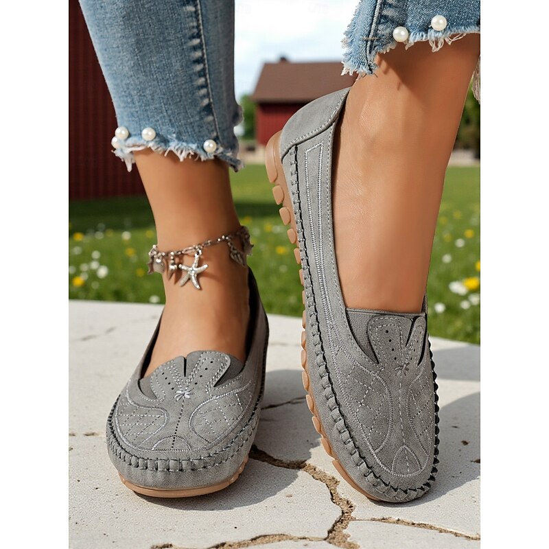 Women's Gray Moccasin Loafers with Non-Slip Sole, Casual Comfort Driving Shoes for Everyday Wear & Travel