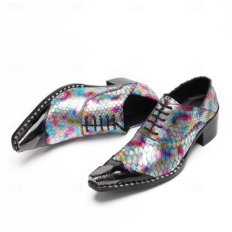 Men's Iridescent Genuine Leather Oxford Shoes with Crocodile Pattern and Pointed Toe, Cowhide Dress Shoes for Stage, Parties and Fashion Events3