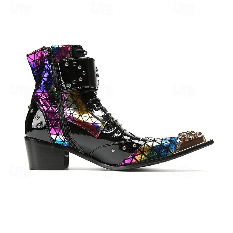 Men's Black Genuine Leather Multicolor Geometric Pattern Cowboy Boots with Studs and Buckles, 100% Cowhide Western Ankle Boots for Concerts and Rock Stage Fashion3