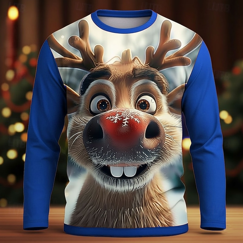 Christmas Men's Elk Funny T Shirt Long Sleeve T shirt 3D Print Crew Neck Shirt Fashion Basic 3D Street Casual Daily Black Red Blue Summer Spring Clothing Apparel S M L XL XXL XXXL2