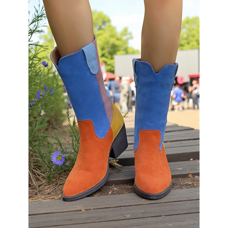 Women's Colorblock Suede Mid-Calf Cowboy Boots, Retro Western Chunky Heel Booties for Music Festivals, Street Style & Boho Outfits