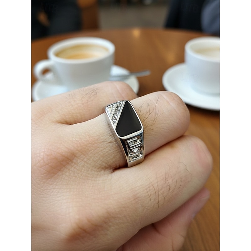 Men's Alloy Ring with Black Onyx and Zircon Accents, Vintage Geometric Statement Jewelry for Parties, Weddings & Daily Wear2