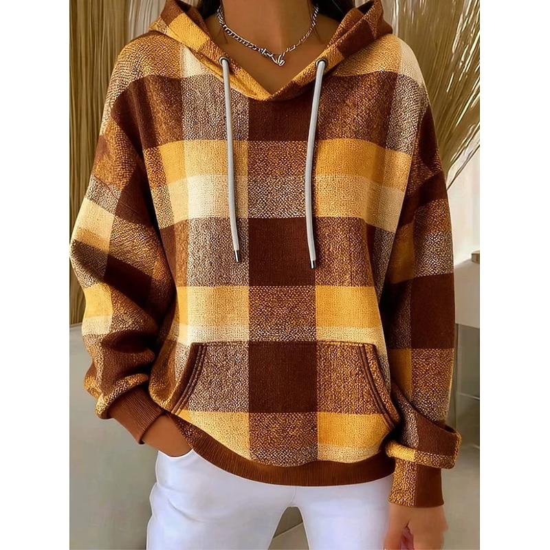 Women's Pullover Hoodie Sweatshirt Graphic Geometric Plaid Warm Vintage Casual Long Sleeve Hooded Regular Tops Street Dailywear Casual Print Front Pocket Maroon Wine Orange Brown Green Spring Fall4