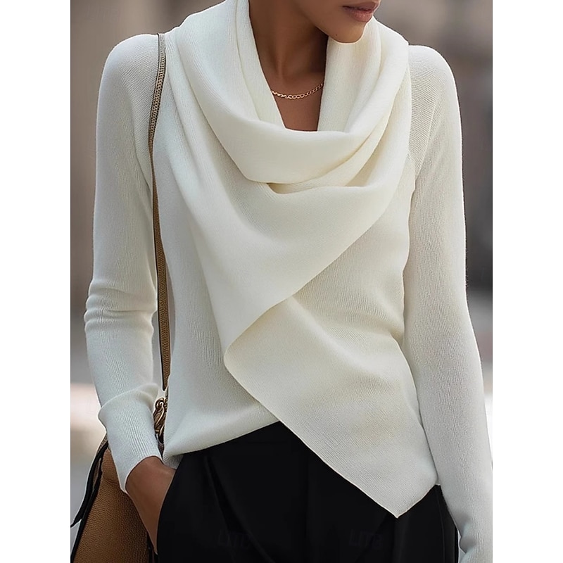 Women's Blouse Solid Color Elegant Stylish Basic Long Sleeve Cowl Neck Regular Tops Daily Ruched White Spring Fall Winter