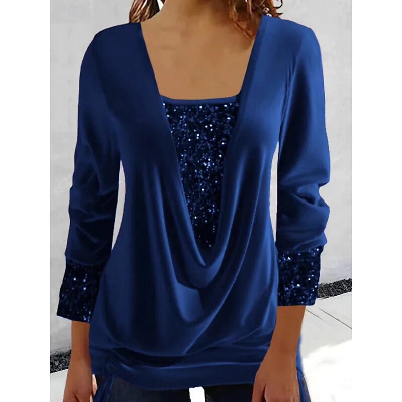 Women's Blouse Solid Color Elegant Stylish Basic Long Sleeve Crew Neck Regular Tops Daily Sequins Patchwork Black Navy Blue Royal Blue Purple Spring Fall Winter2