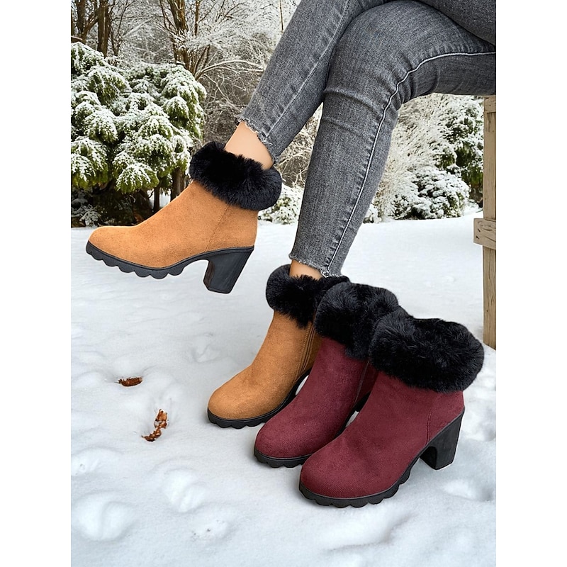 Women's Burgundy Faux Suede Ankle Boots with Faux Fur Lining and Chunky Mid Heels, Warm Fashion Winter Booties for Outdoor Wear & Holiday Outfits