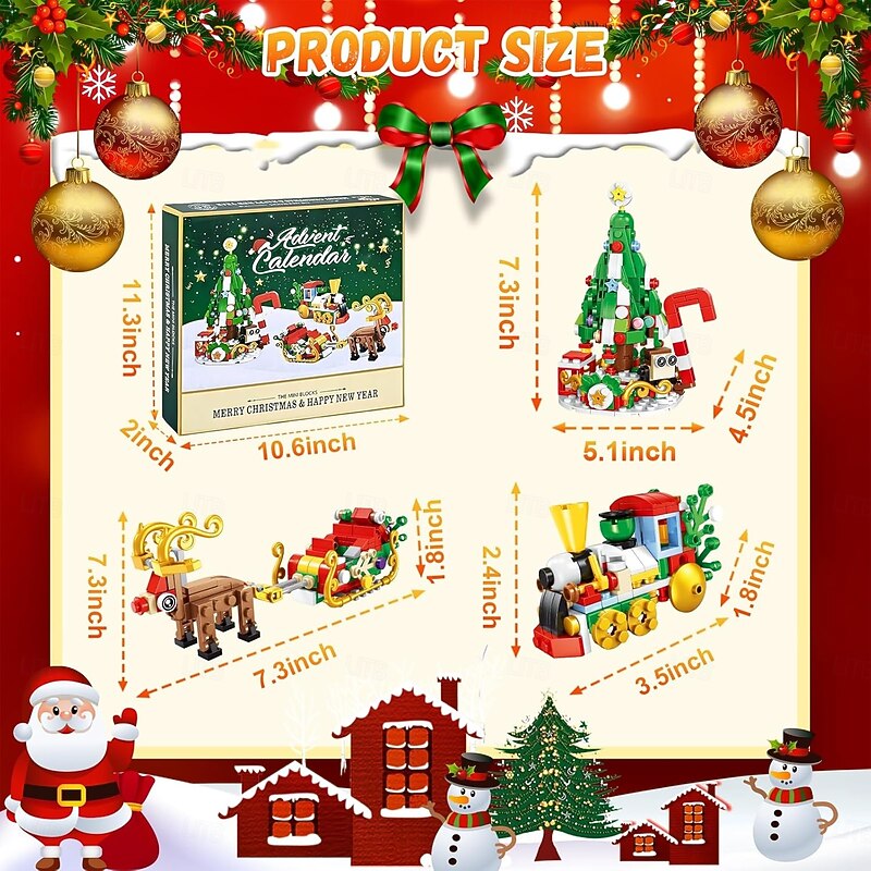 Christmas Advent Calendar Building Blocks for Kids & Adults, 24 Days Countdown Gift Set with 24 Mini Bricks, Includes Christmas Tree, Reindeer, Sleigh and Train, Fun Xmas Holiday Building Toy3