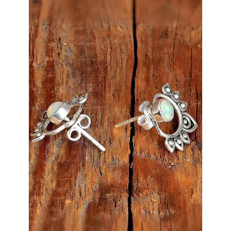 Women's Bohemian Opal Stud Earrings with Vintage Lotus Design – Ethnic Jewelry for Casual, Festival and Party Wear4