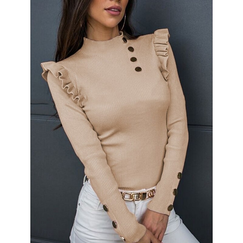 Women's Blouse Solid Color Stylish Casual Long Sleeve Turtleneck Regular Tops Daily Ruffle Buttons Black White Pink Khaki Gray Spring Fall Winter4