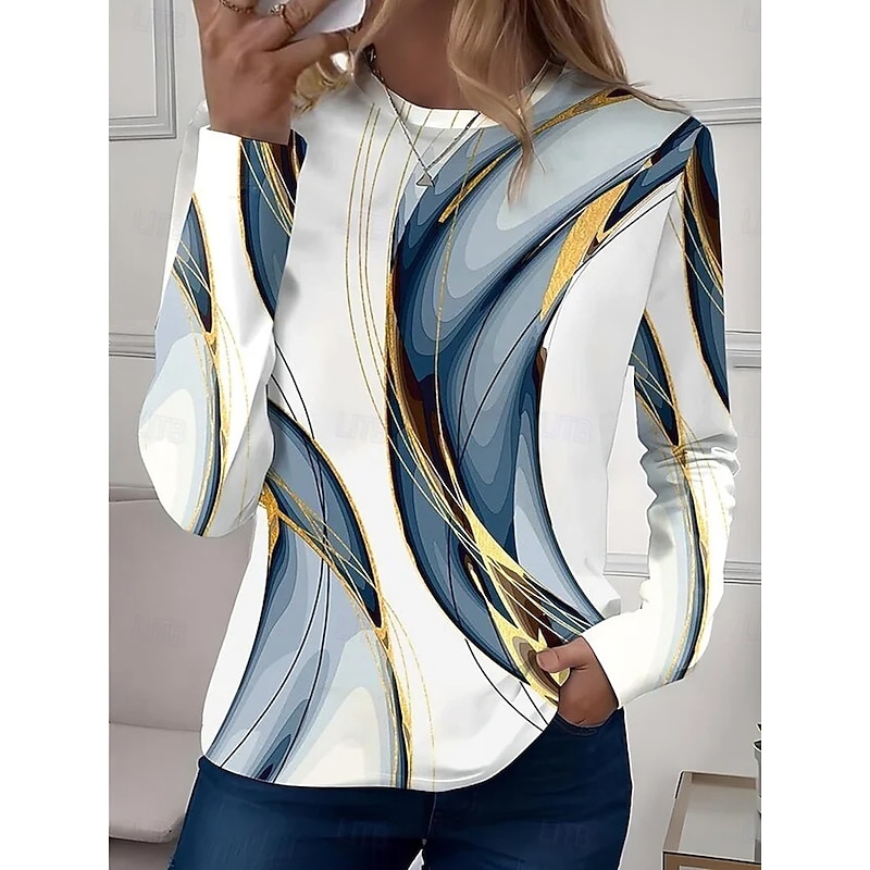 Women's T Shirt Graphic Geometric Vintage Fashion Stylish Long Sleeve Crew Neck Round Neck Regular Tops Daily Weekend Print White Blue Gray Summer Spring Fall