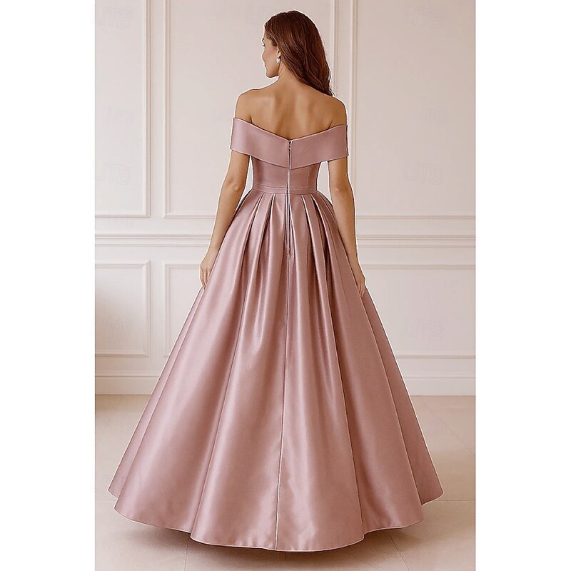 Pink Black A-Line Evening Gown Elegant Dress Formal Floor Length Short Sleeve Off Shoulder Pocket Satin with Ruched 20252