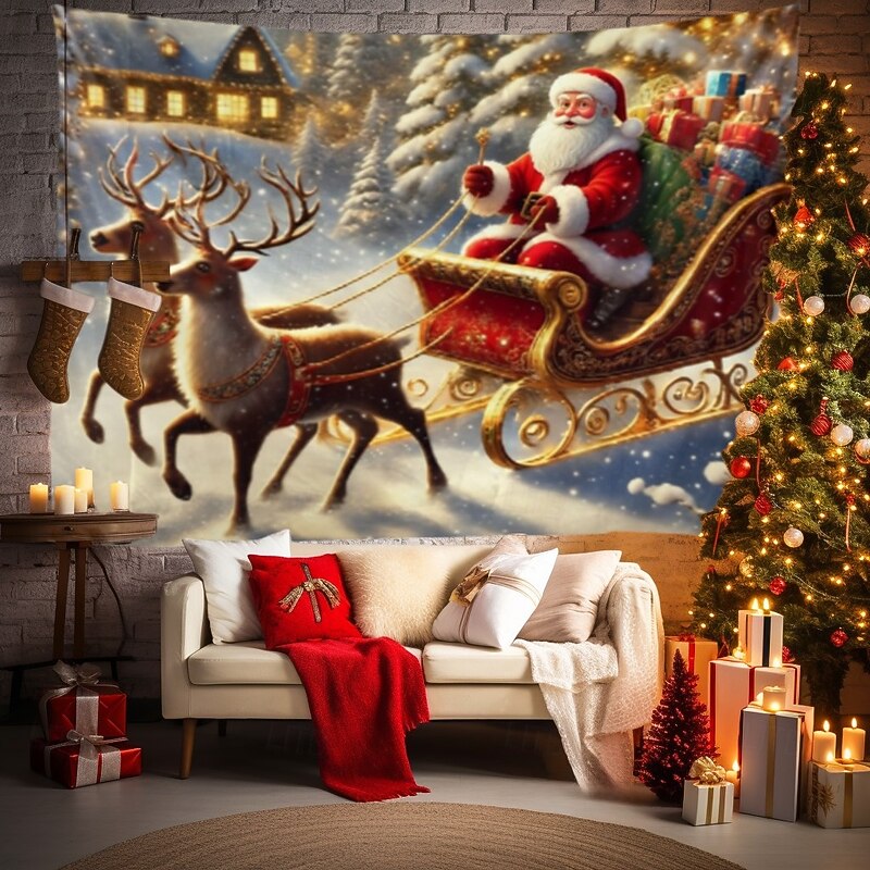 Christmas Hanging Tapestry Santa Claus with Reindeer Christmas Tree and Gift Boxes Large Wall Art Mural Decor Blanket Curtain Holiday Home Bedroom Living Room Festive Seasonal Decoration3