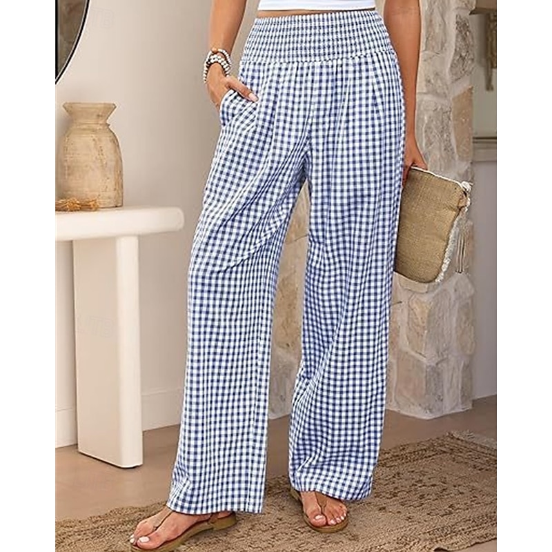 Women's Wide Leg Pants Trousers Streetwear Ethnic Style Casual Full Length High Waist Medium Waist Plaid Elastic Waist Comfortable Micro-elastic Outdoor Vacation Daily Black Pink Army Green Blue2