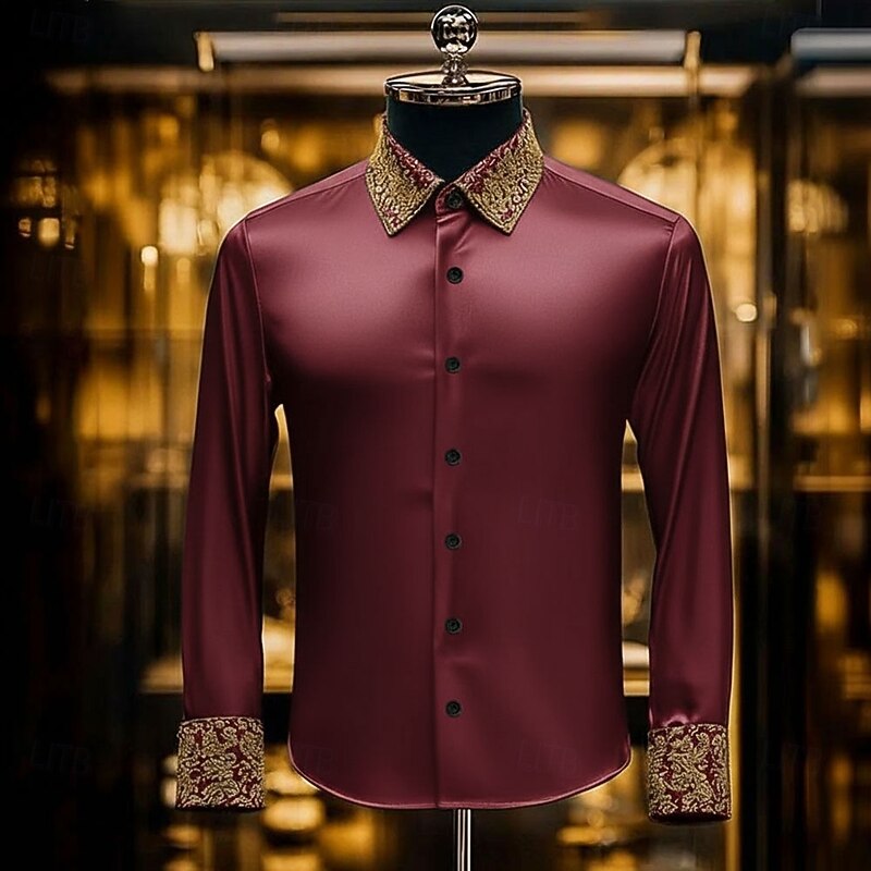 Men's Floral Print Ethnic Shirt Satin Shirt Dress Shirt Long Sleeve Vintage Retro Vacation Dailywear Summer Spring Fall Turndown 3D Print Button Up Shirts Black Burgundy Blue2