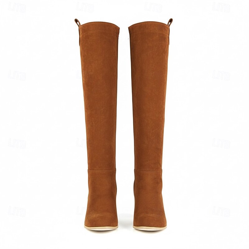 Women's Suede Knee-High Block Heel Boots in Gray, Black, and Brown - Stylish and Versatile Footwear for Fall and Winter4