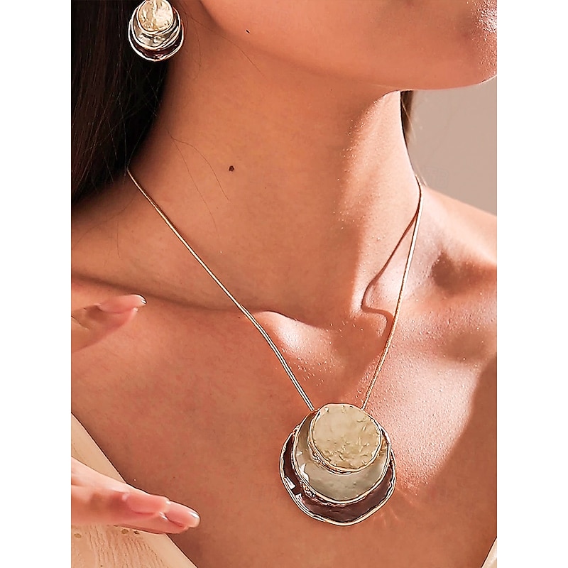 Women's Bohemian Layered Pendant Necklace and Dangle Earrings Set – Iridescent Shell Design, Statement Jewelry for Casual, and Party Outfits3