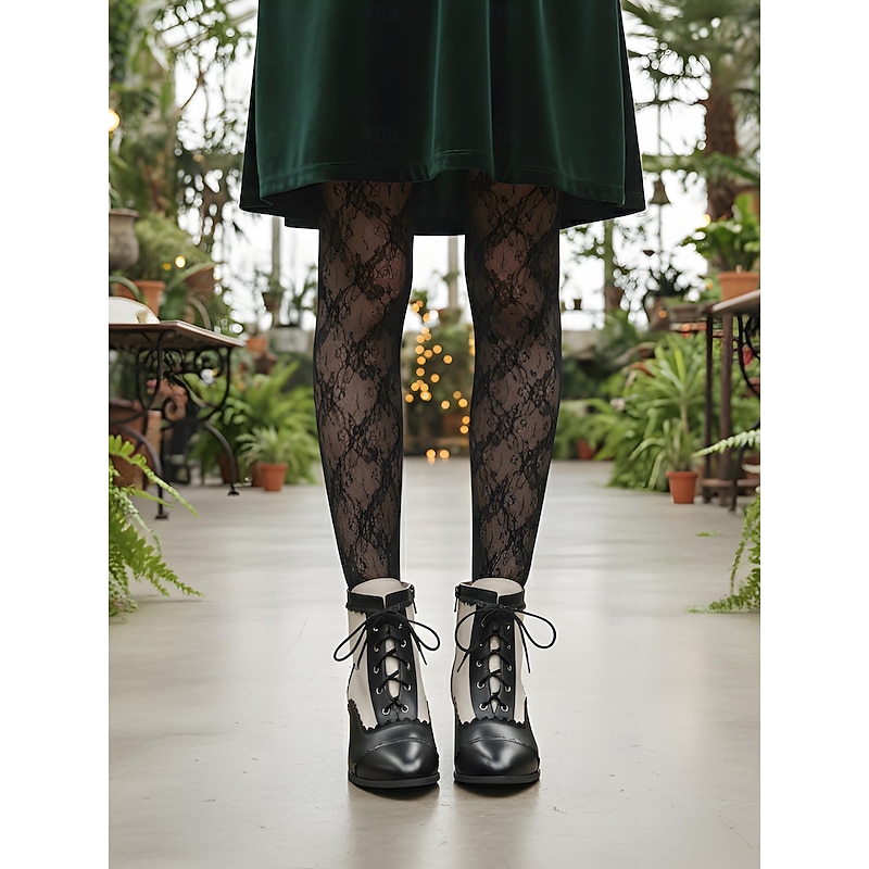 Women's Victorian Lace Up witch Boots with Low Heel, Two Tone Black and White Edwardian 1900s-1910s Style Booties, Vintage Steampunk Gothic Shoes for Cosplay, Parties and Daily Wear3