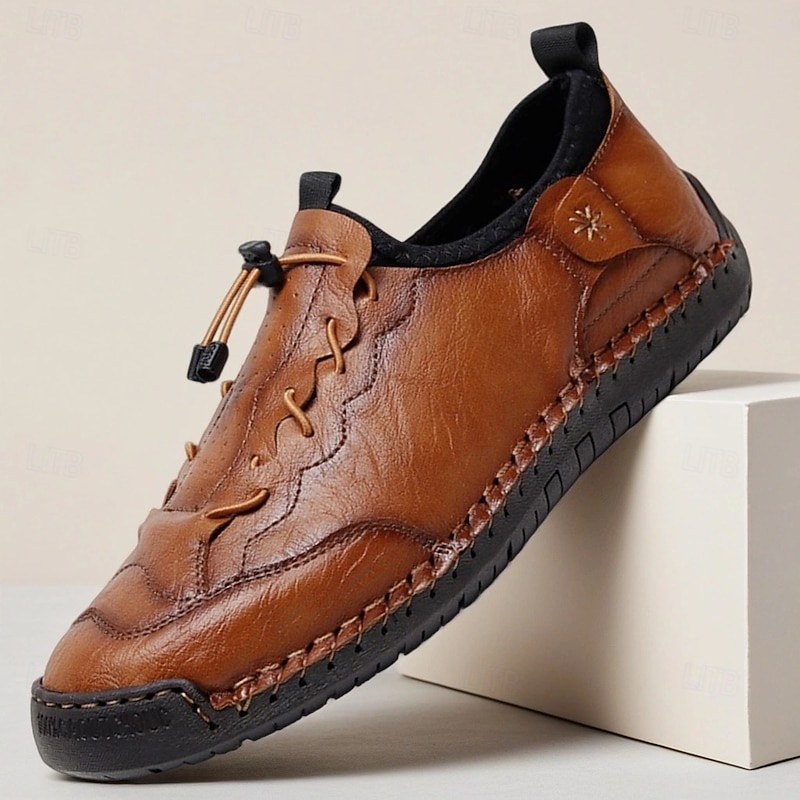 Men's Brown Handmade  Casual Shoes with Soft Rubber Sole and Elastic Drawstring, Comfortable Outdoor Driving Loafers for Travel and Daily Wear