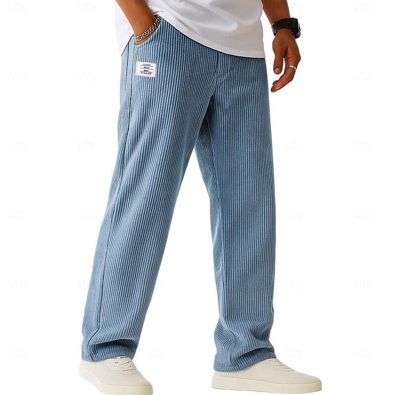 Men's Trousers Corduroy Pants Baggy Pants Straight Leg Sweatpants Drawstring Elastic Waist Solid Color Comfort Full Length Outdoor Casual Daily Fashion Chic & Modern Black Navy Blue Inelastic2
