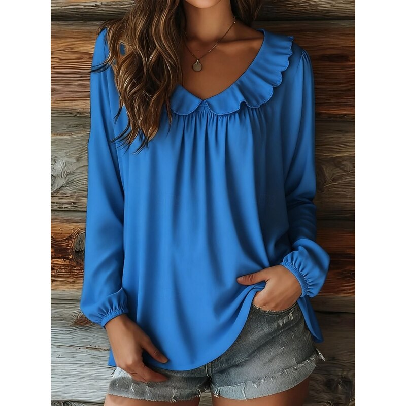 Women's Blouse Solid Color Stylish Casual Long Sleeve Crew Neck Regular Tops Daily Ruffle Navy Blue Blue Fuchsia Apricot Spring Fall Winter4