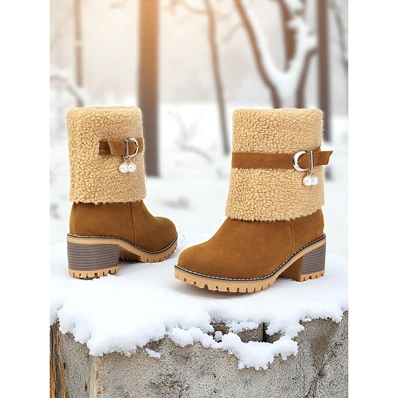 Women's Brown Faux Suede Fur Cuff Boots – Warm Block Heel Winter Shoes for Outdoor, Work and Casual Wear4