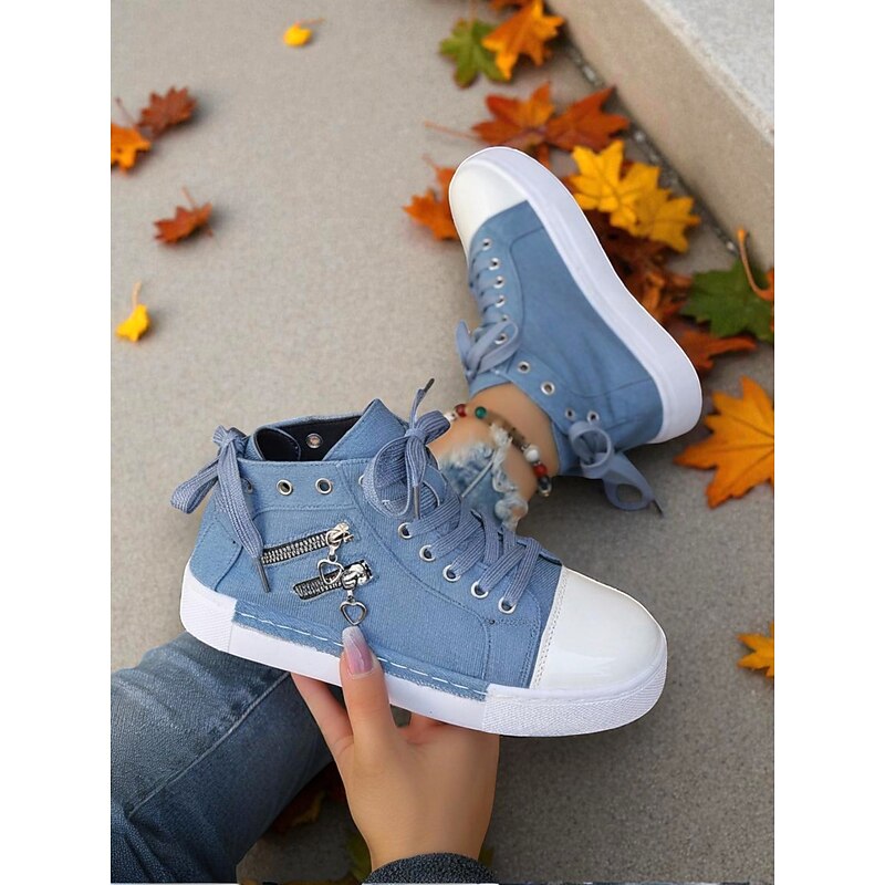 Women's Blue Canvas High Top Sneakers with White Toe Cap and Zipper Charm Detail, Casual Lace-Up Canvas Shoes for Streetwear, Travel & Everyday Outfits