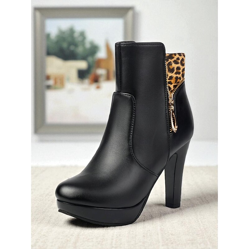 Women's Black High Heel Ankle Boots with Leopard Print Cuff and Side Zipper, Elegant Platform Booties for Parties, Nightclub & Casual Chic Outfits