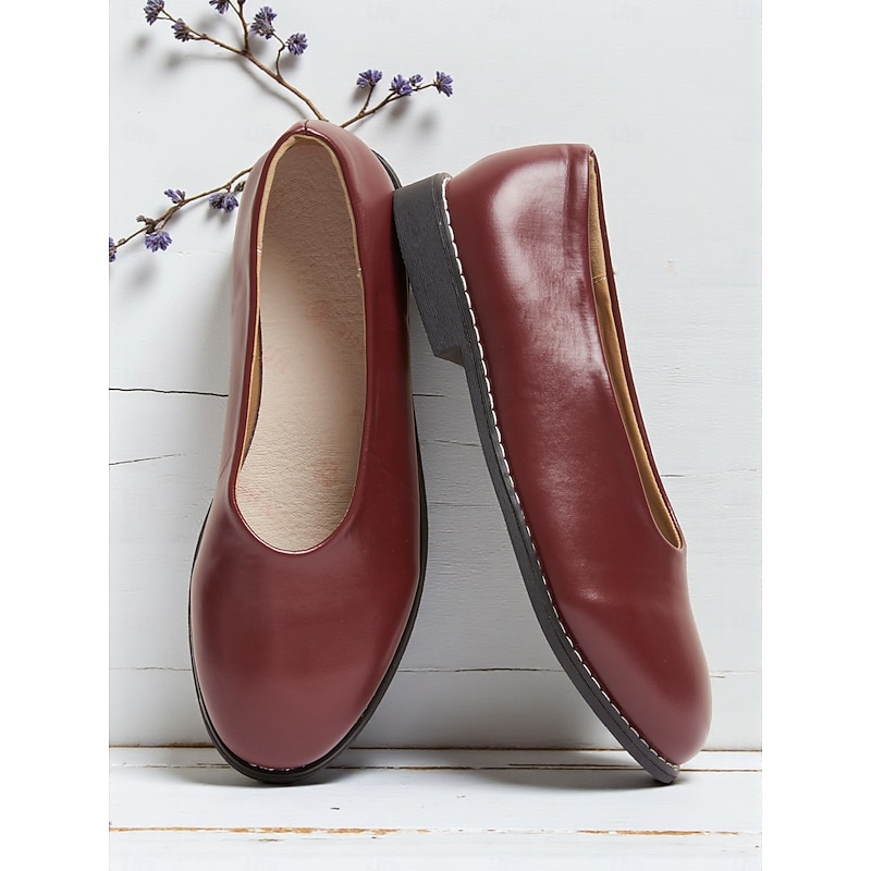 Women's Burgundy Faux Leather Round Toe Flats with Low Heel, Comfortable Casual Dress Shoes for Work, Office & Everyday Wear
