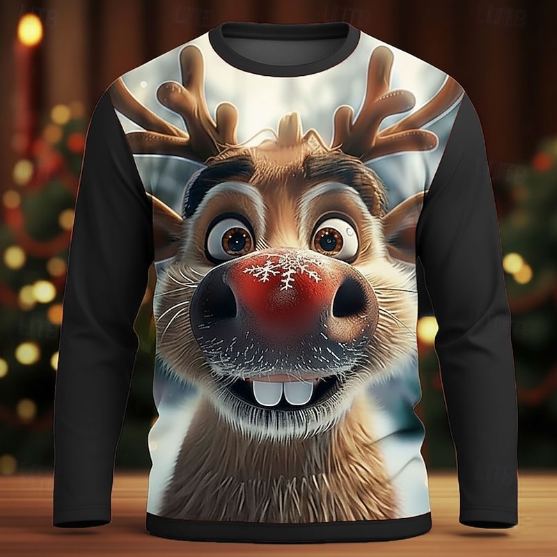 Christmas Men's Elk Funny T Shirt Long Sleeve T shirt 3D Print Crew Neck Shirt Fashion Basic 3D Street Casual Daily Black Red Blue Summer Spring Clothing Apparel S M L XL XXL XXXL4
