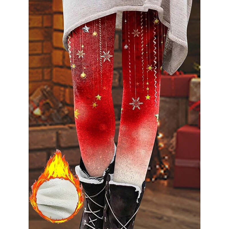 Christmas Women's Leggings Cozy Leggings Vacation Vintage Fashion Full Length High Waist Pants Graphic Snowflake Printing Fleece Thermal Warm Comfy Stretchy Outdoor Casual Daily Winter claret3
