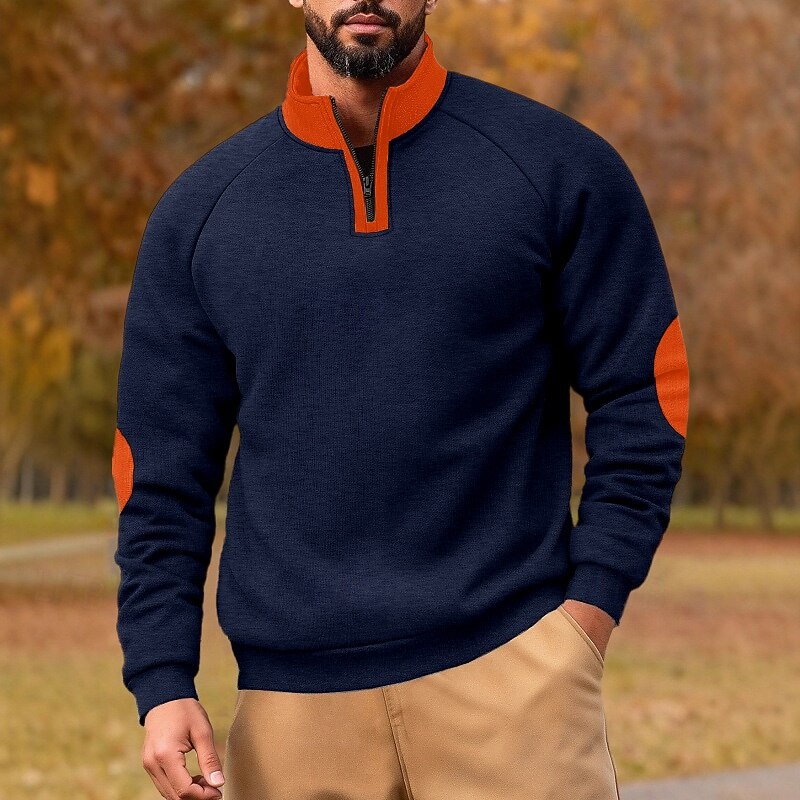 Men's Sweatshirt Pullover Quarter Zip Sweatshirt Apricot Black Navy Blue Khaki Light Grey Standing Collar Plain Patchwork Color Block Sports & Outdoor Casual Daily Streetwear Cool Sportswear Spring2